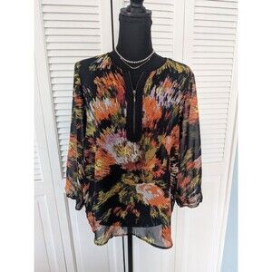 August Silk Blouse Women's M Art To Wear Black Orange Semi Sheer Top Abstract